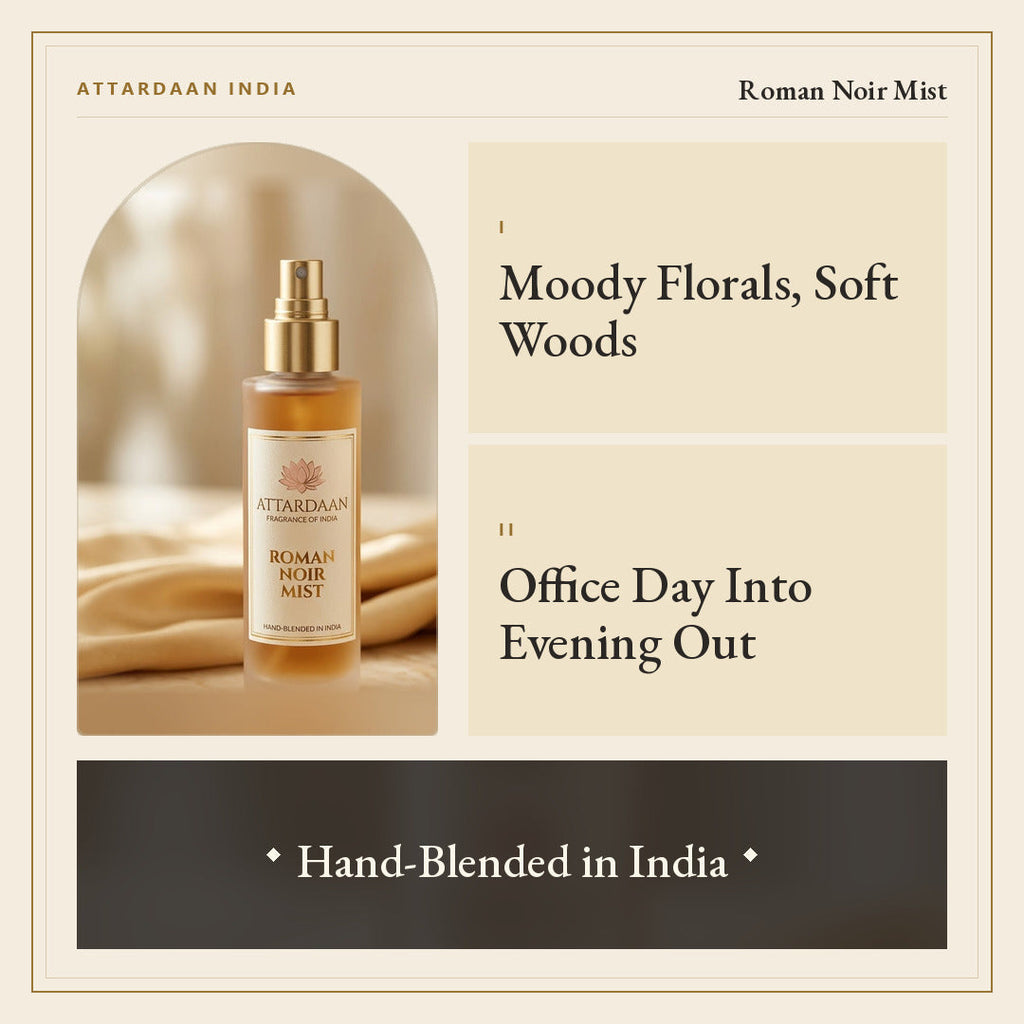 Roman Noir Mist — Floral Woody Body Mist — Attardaan India