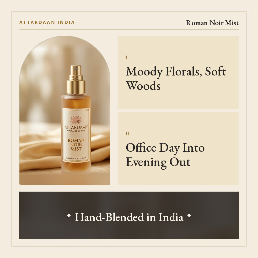 Roman Noir Mist — Floral Woody Body Mist — Attardaan India